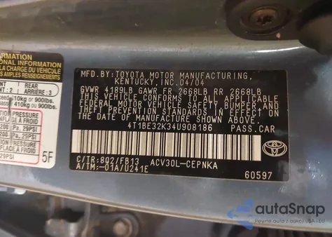 2004 Toyota Camry Le/Xle/Se z USA, uszkodzony, nr VIN 4T1BE32K34U908186